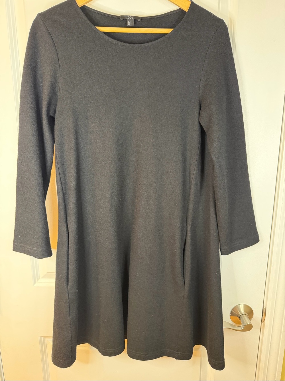 COS Black Long Sleeve wool blend scoop neck Swing Dress, size M